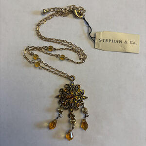 Stephan & Co. Antique Gold Tone Flower & Yellow Drop Pendant Necklace NWT